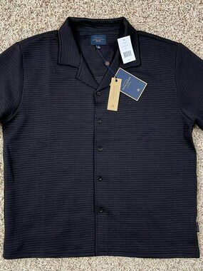 Marc Asher Men’s Texture Short Sleeve Camp Collar Shirt Black, Size Large (New)